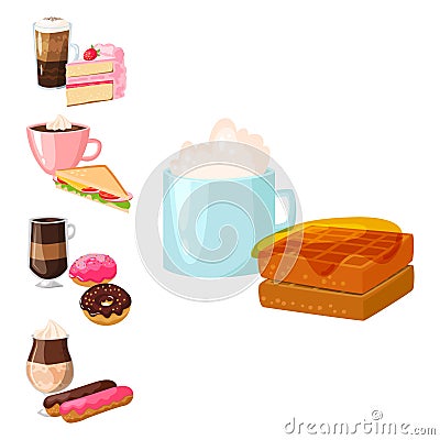 Sweet hazelnut muffins delicious cake coffee cup morning bakery dessert pastry fresh drink cappuccino vector Vector Illustration