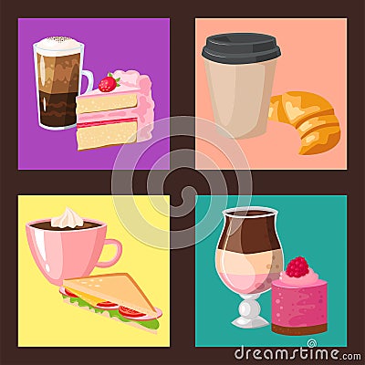 Sweet hazelnut muffins delicious cake coffee cup morning bakery dessert pastry fresh drink cappuccino vector Vector Illustration