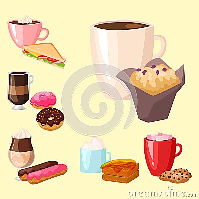 Sweet hazelnut muffins delicious cake coffee cup morning bakery dessert pastry fresh drink cappuccino vector Vector Illustration