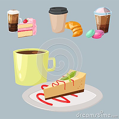 Sweet hazelnut muffins delicious cake coffee cup morning bakery dessert pastry fresh drink cappuccino vector Vector Illustration