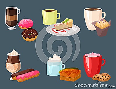 Sweet hazelnut muffins delicious cake coffee cup morning bakery dessert pastry fresh drink cappuccino vector Vector Illustration