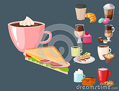 Sweet hazelnut muffins delicious cake coffee cup morning bakery Vector Illustration