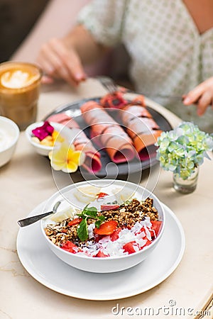 Sweet and healthy breakfast at cafe Stock Photo