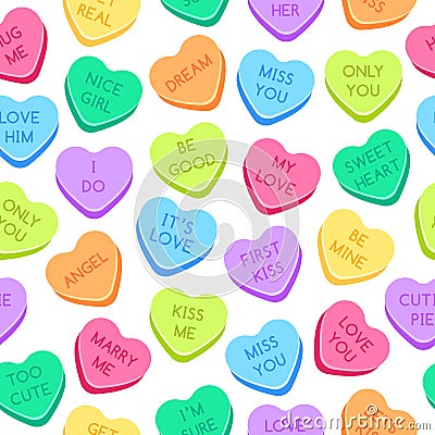 Sweet heart candies pattern. Colorful valentines hearts, love conversation candies and sweetheart candy seamless vector Vector Illustration