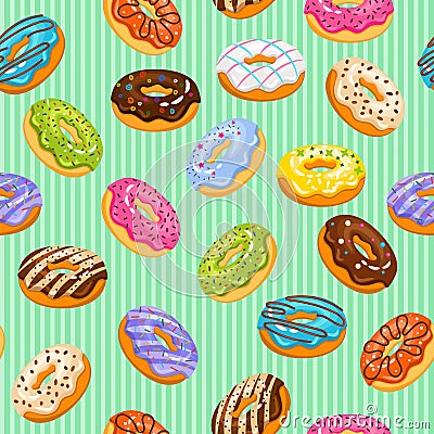 Sweet heart donuts texture. Vector striped background with donut cakes for birthday Vector Illustration