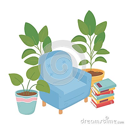 Sweet home armchair books and potted plants decoration isolated design Vector Illustration