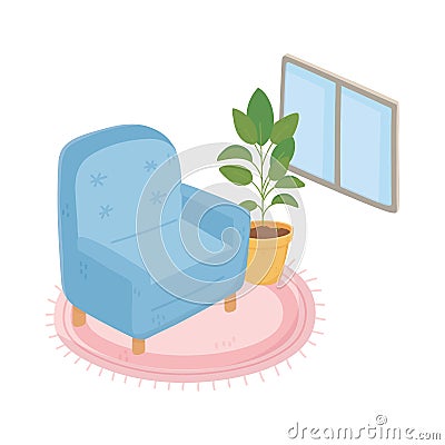 Sweet home armchair potted plant on carpet and window Vector Illustration