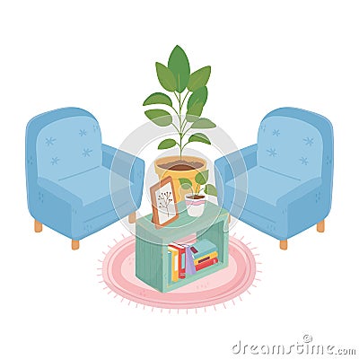 Sweet home armchairs potted plant picture frame books and carpet Vector Illustration