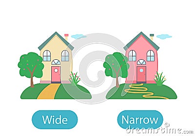 Sweet home in cartoon style with a narrow and wide road. the concept of teaching children the opposite adjective and Narrow and Vector Illustration