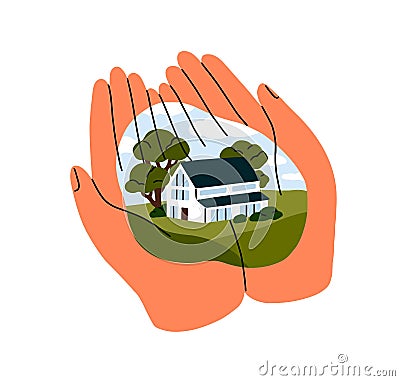 Sweet home in hands, memory concept. Dreaming, missing, lacking native house. Love to birthplace, hometown remembering Vector Illustration