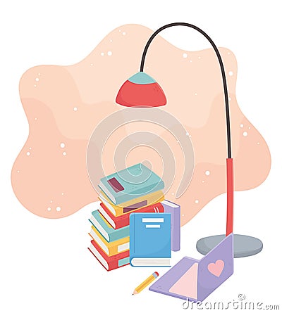 Sweet home laptop pencil stack of books floor lamp Vector Illustration