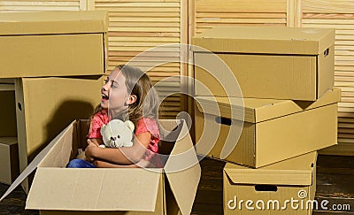 Sweet home. Rent house. Family house. Delivering service. Apartment for family. Girl child play box. Move out concept Stock Photo