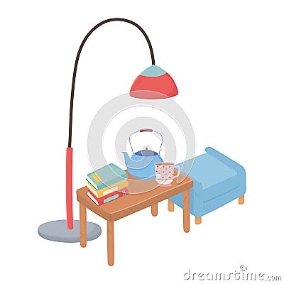 Sweet home table with footrest tea cup kettle stack of books and floor lamp Vector Illustration