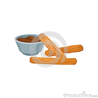 Sweet homemade churros with chocolate dipping sauce. Delicious Mexican snack. Flat vector design for cafe menu or poster Vector Illustration