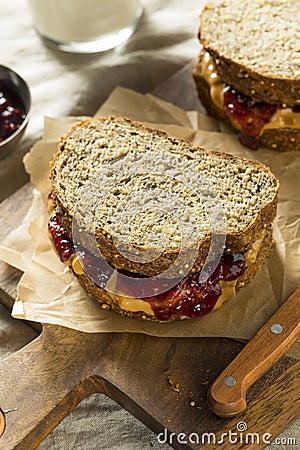 Sweet Homemade Gourmet Peanut Butter and Jelly Sandwich Stock Photo