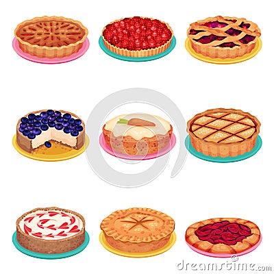 Sweet Homemade Pies with Filling and Crusts Made of Shortcrust Pastry Vector Set Vector Illustration