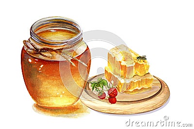 Sweet honey in the glass jar, natural honey bee bush honeycomb, sliced in pieces, watercolor illustration isolated Cartoon Illustration