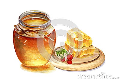 Sweet honey in the glass jar, natural honey bee bush honeycomb, sliced in pieces Cartoon Illustration