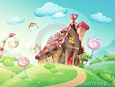 Sweet house of cookies and candy on a background of meadows and growing caramels. Vector Illustration