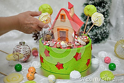 The sweet house of the fairy tale Hansel and Gretel cake Stock Photo