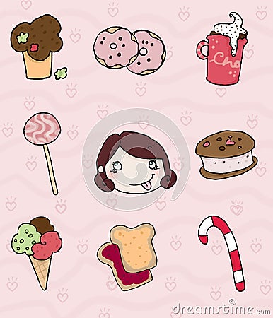 Sweet icons and greedy girl Stock Photo