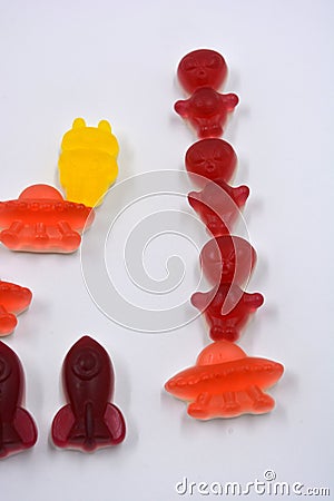 Sweet jelly candies, sweets in the form of aliens space rockets, astronauts, alien ships and planet, asteroids. Editorial Stock Photo