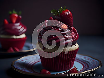 Sweet and Juicy Strawberry Cupcakes with Whipped Cream - Generative AI Stock Photo