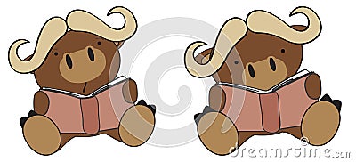Sweet kawaii baby bull cartoon reading set collection Vector Illustration