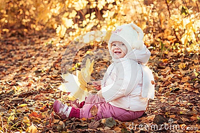 Sweet kid sitting on the autumn leaves and smiling Stock Photo