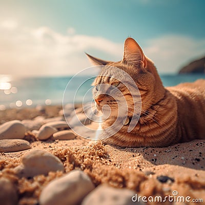 2 sweet kittens with a cocktail by the beach, concept of vacation, holiday trip, ai generated Stock Photo