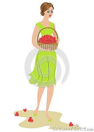 A sweet lady is carrying a basket of sweets. Sweet lollipops in the form of heart. Valentine`s Day gift. The girl is young and Cartoon Illustration