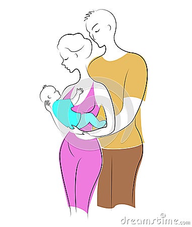 A sweet lady is holding a little boy in her arms, a man is hugging a woman. Father, mother and child. A happy family. Vector Cartoon Illustration