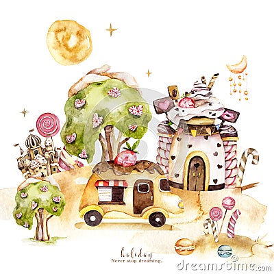 Sweet land watercolor illustration isolated on white background, wonderland. Delicious castle, ice cream machine Cartoon Illustration