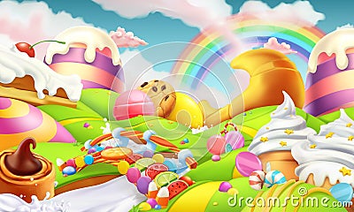 Sweet landscape. Candy land. Candies and milk river vector background Vector Illustration