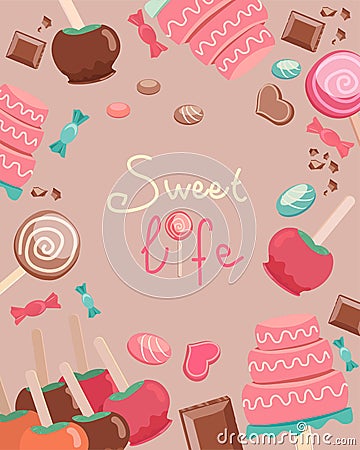 Sweet Life Text Surrounded by Sweets Graphics Vector Illustration