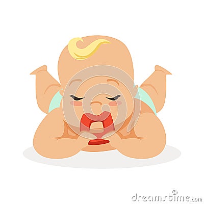 Sweet little baby with closed eyes lying on his stomach teething and chewing teethers, colorful cartoon character vector Vector Illustration