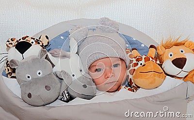 Sweet little baby lying on the bed surrounded of cute safari stuffed animals Stock Photo