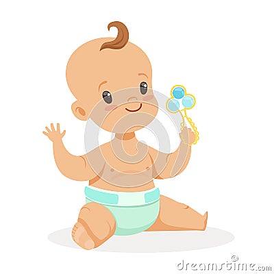 Sweet little baby sitting and playing with rattle, colorful cartoon character vector Illustration Vector Illustration