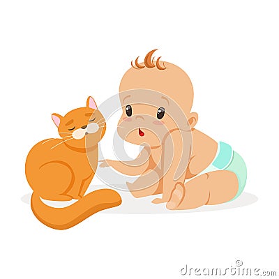 Sweet little baby sitting and playing with red cat, colorful cartoon character vector Illustration Vector Illustration