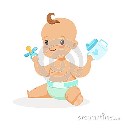 Sweet little baby sitting and playing with spout cup and pacifier, colorful cartoon character vector Illustration Vector Illustration