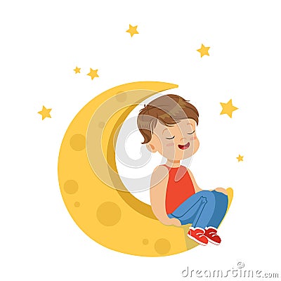 Sweet little boy with closed eyes sitting on the moon, kids imagination and fantasy, colorful character vector Vector Illustration