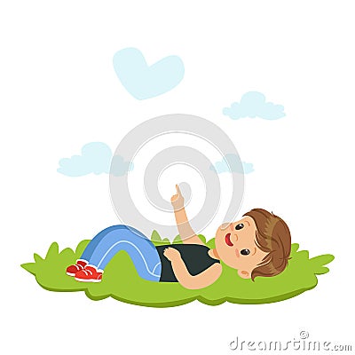 Sweet little boy lying on a grass and dreaming looking on the sky, kids imagination and fantasy, colorful character Vector Illustration