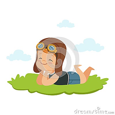 Sweet little boy in pilots helmet lying on his stomach on a grass and dreaming, kids imagination and fantasy, colorful Vector Illustration