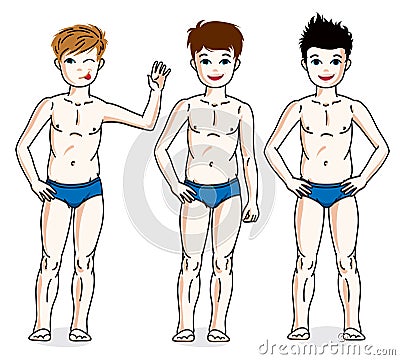 Sweet little boys young teen standing in blue underwear. Vector Vector Illustration