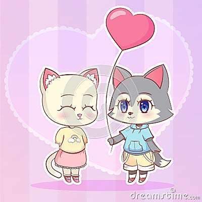 Sweet Little cute kawaii anime cartoon Puppy wolf dog puppy boy and cat, kitten girl with pink balloon in the shape of a heart. Ca Stock Photo