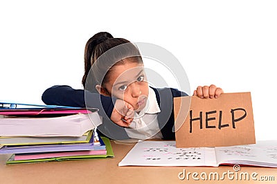 Sweet little girl bored under stress asking for help in hate school concept Stock Photo