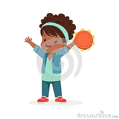 Sweet little girl playing tambourine, young musician with toy musical instrument, musical education for kids cartoon Vector Illustration