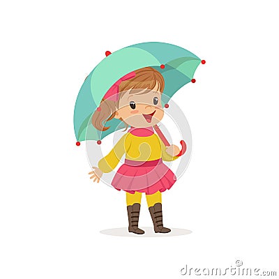 Sweet little girl in warm clothing walking with umbrella, cute kid enjoying fall, autumn kids activity vector Vector Illustration