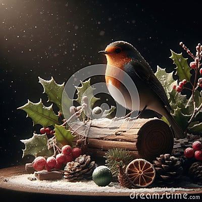 Robin Red-breast sitting on yule log at Christmas Stock Photo