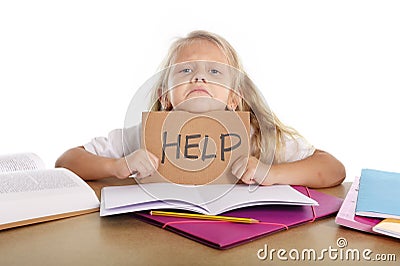 Sweet little school girl holding help sign in stress with books and homework Stock Photo